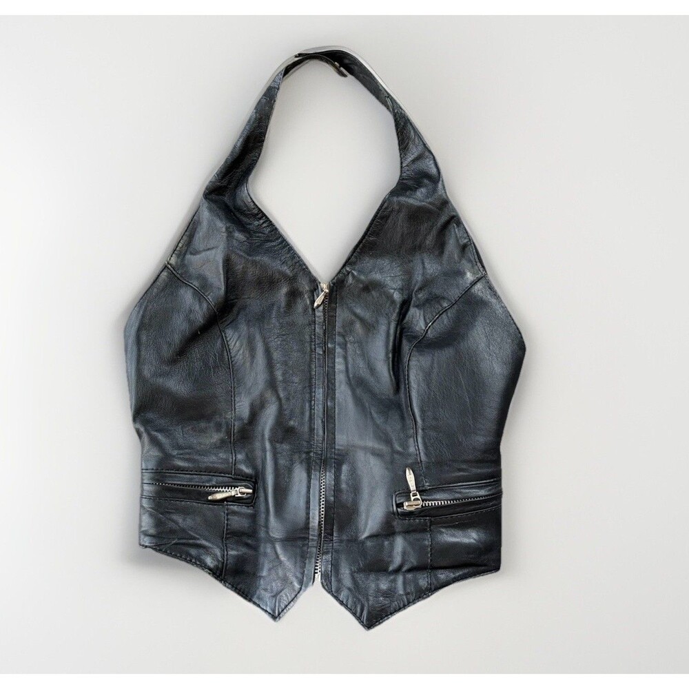 Wilsons Black Leather Halter Top Size XS Zip VTG
